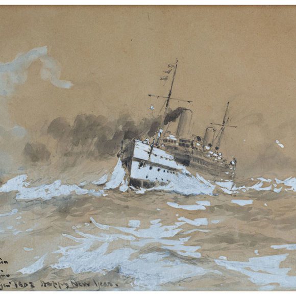 La nave nella tempesta, matita e acquerello su carta – Edoardo De Martino